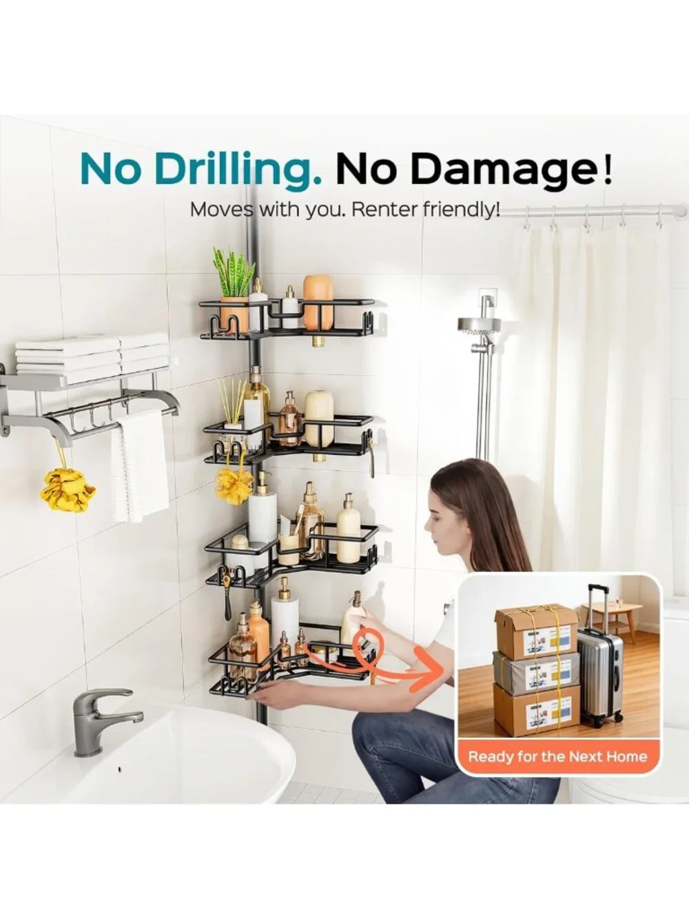 Adjustable 4-Tier Shower Caddy Tension Pole - Rustproof Corner Organizer Rack